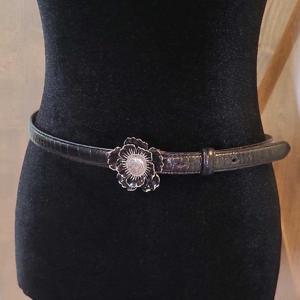 Brighton Embossed Black Leather Belt with Silver Floral Buckle 32